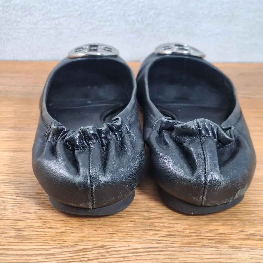 Tory Burch Minnie Travel Womens 7 Ballet Flats Black Leather Gold Logo Medallion